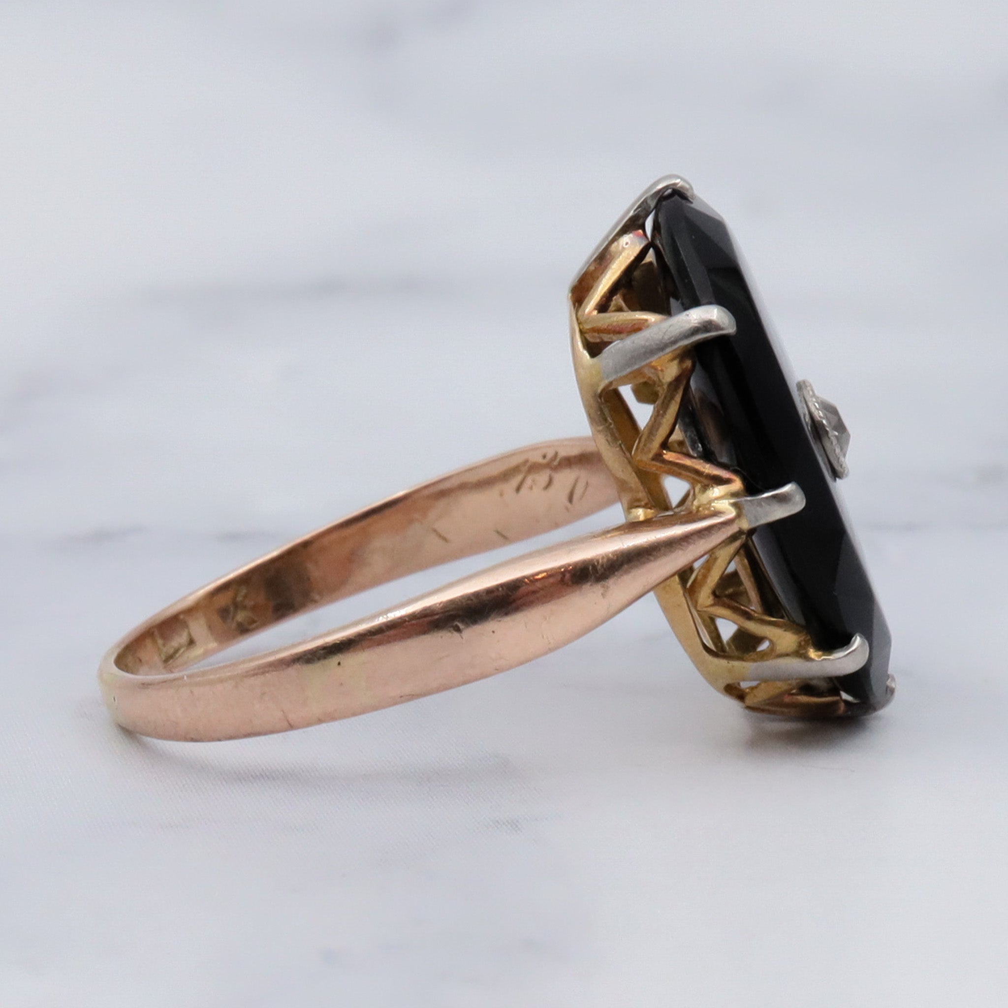 Antique Victorian 18k gold faceted onyx with old European cut diamond center with platinum tip ring, sz 6